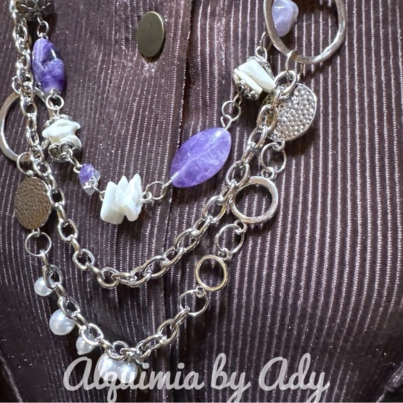 Layered necklace/set/ amethyst mother of pearl silver maximalist - Picture 3 of 6